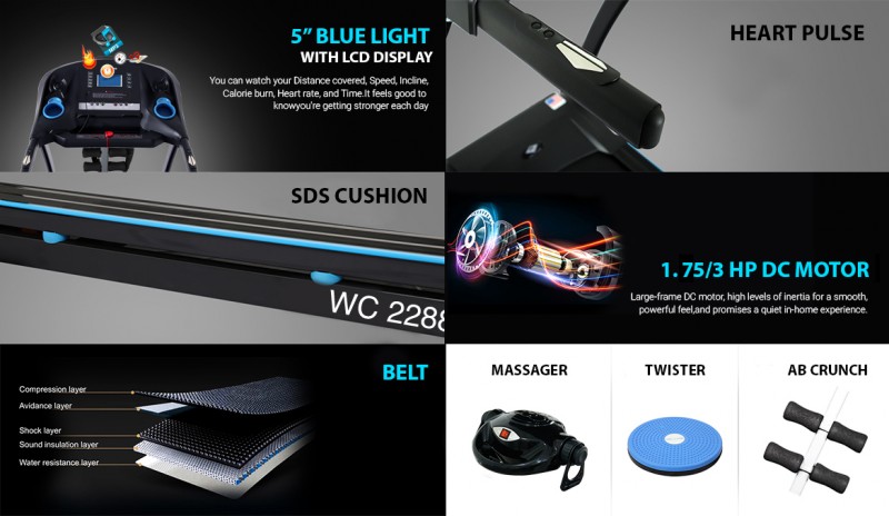 Welcare Wc2288M Motorized and Cushioned Treadmill 1.5 Hp (3Hp Peak) Powerful Dc Motor Massager Twister Ab Crunch