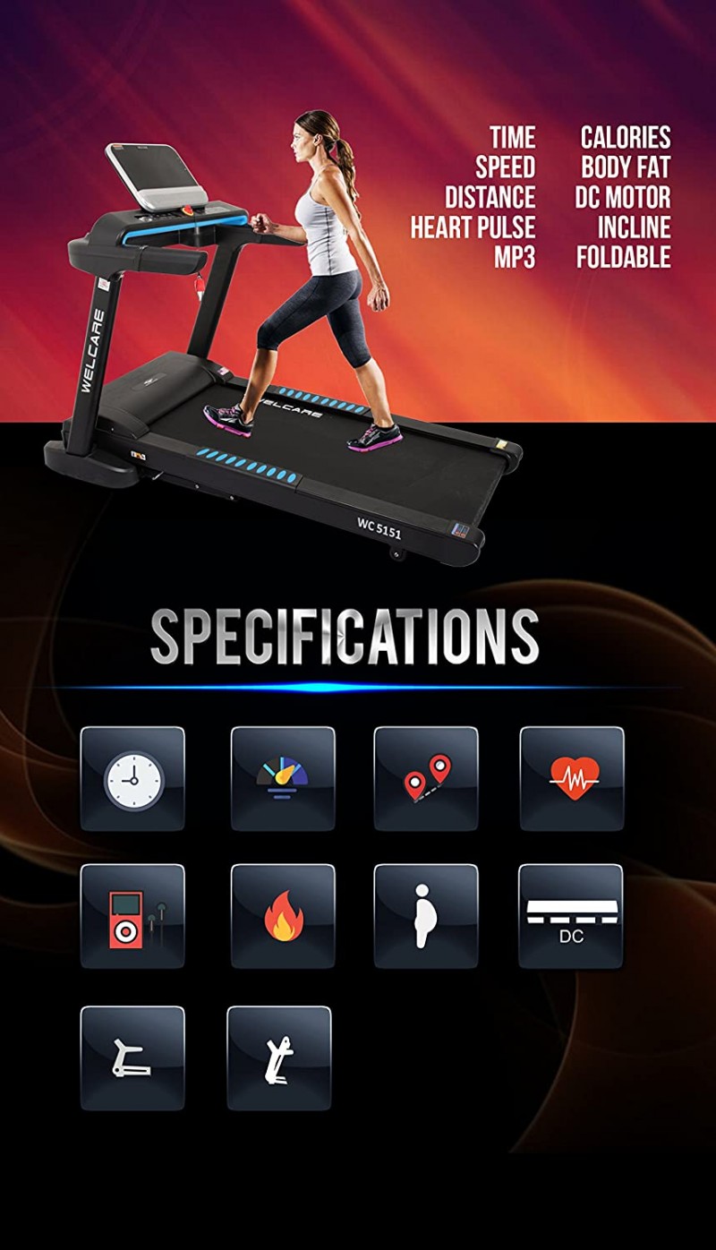 Welcare Wc5151 Motorized and Cushioned Treadmill 2.5Hp (5Hp Peak) Powerful Dc Motor 15 Level Incline